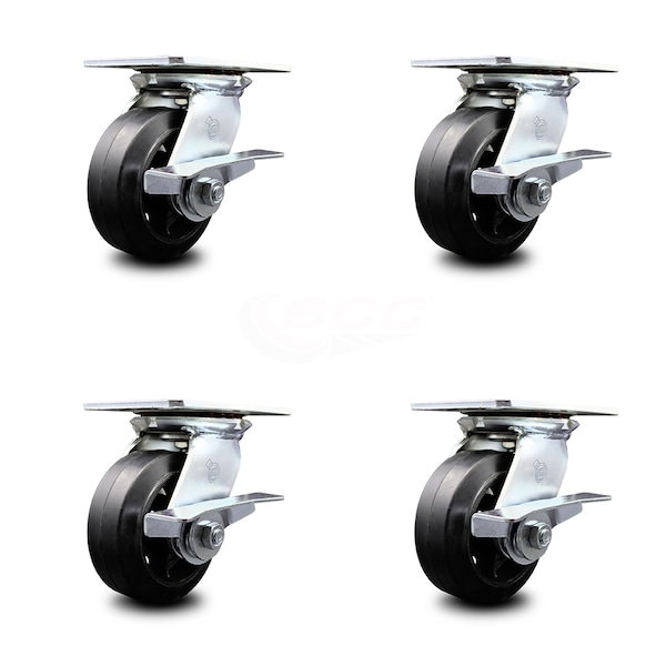 5 Inch Heavy Duty Rubber on Steel Caster Set with Ball Bearings and Brakes SCC
